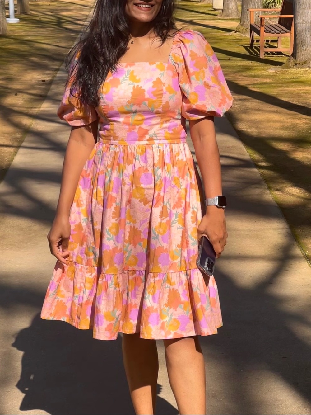 Floral Puff-Sleeve A-Line Dress in Pink and Peach